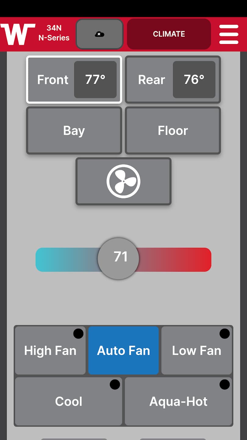 HVAC control page in Winnebago app
